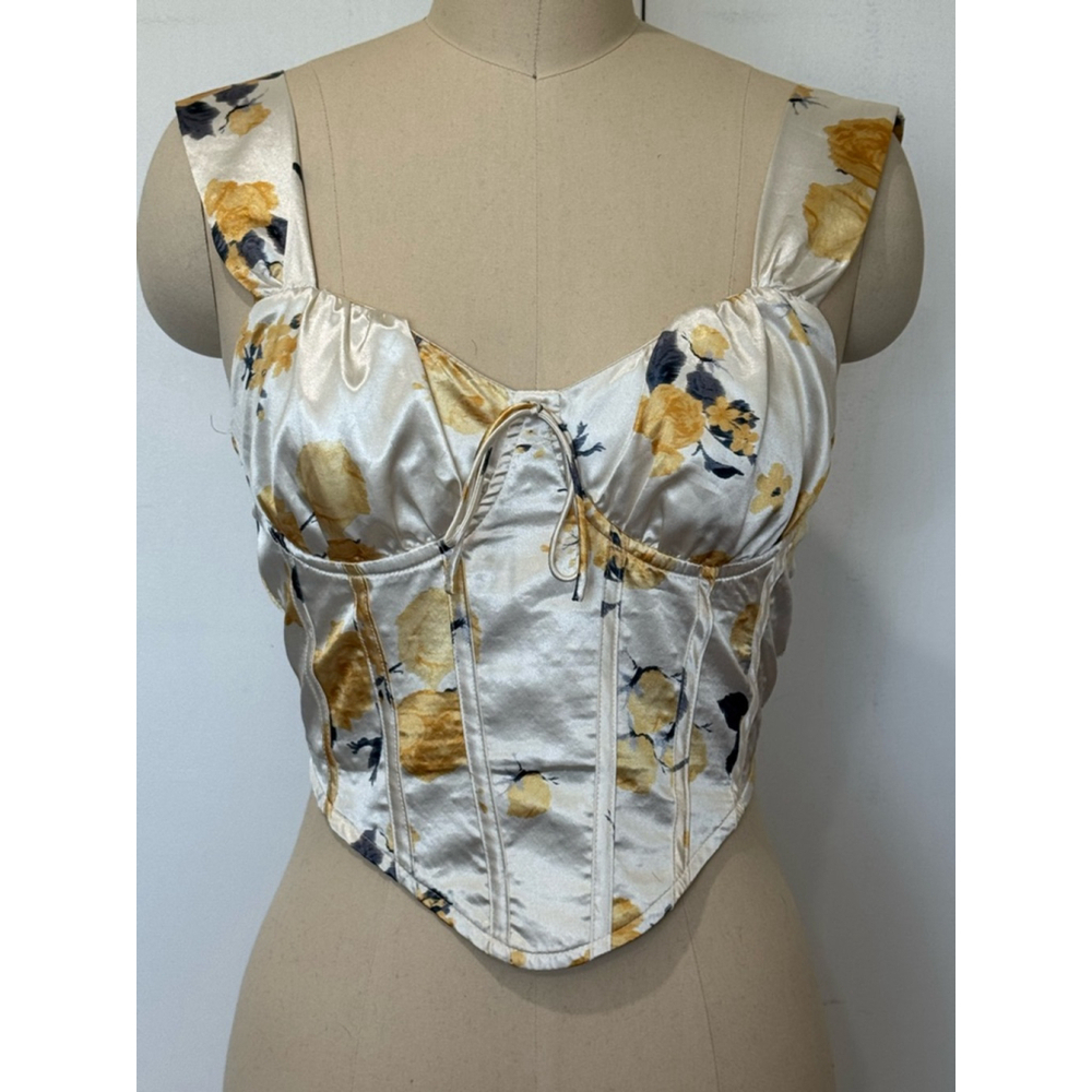 SHEIN Floral Corset crop Top Size M Cream Yellow floral print zip back